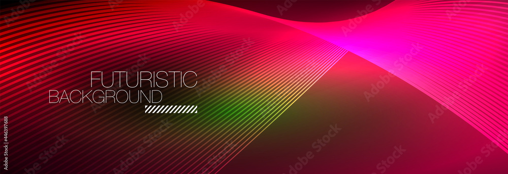 Abstract neon glowing light in the dark with waves. Shiny magic energy and motion concept, vector abstract wallpaper background Abstract neon glowing light in the dark with waves. Shiny magic energy and motion concept, vector abstract wallpaper background