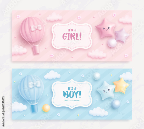 Set of baby shower invitation with cartoon hot air balloon, helium balloons and clouds on blue and pink background. It's a boy. It's a girl. Vector illustration
