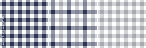 Gingham check pattern set in navy blue, grey, white. Seamless vichy graphic background for cotton shirt, dress, napkin, picnic blanket, towel, other modern spring summer autumn winter fashion textile.