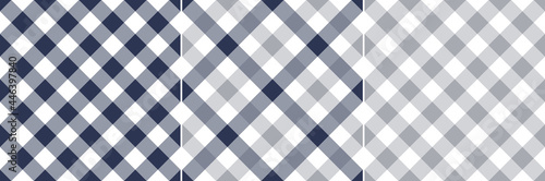 Vichy pattern set in navy blue, grey, white. Seamless gingham vector background for cotton shirt, dress, skirt, duvet cover, towel, other modern spring summer autumn winter fashion fabric print.