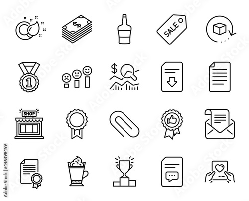 Vector set of Reward, Shop and Return package line icons set. Positive feedback, Comments and Love mail icons. Certificate, Best rank and File signs. Reward web symbol. Vector