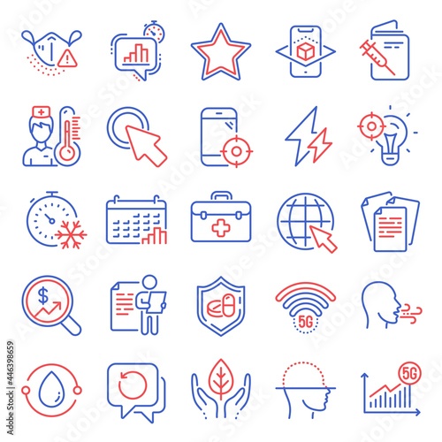 Science icons set. Included icon as Freezing timer, Click here, Calendar graph signs. First aid, Medical tablet, Fair trade symbols. Augmented reality, Breathing exercise, Thermometer. Vector