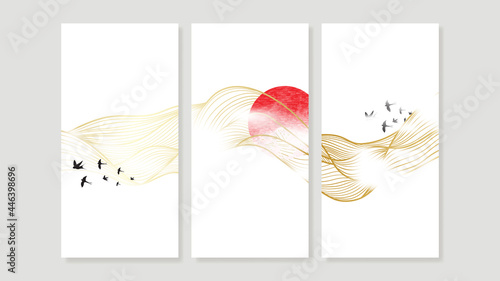 Mountain Canvas Art Print.  Triptych wall art vector. China Poster, Watercolor Landscape, Floating Mountains with golden line art design for  Home Decor, Office Art and wallpaper.