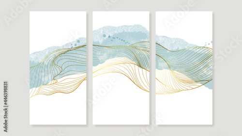 Mountain Canvas Art Print.  Triptych wall art vector. China Poster, Watercolor Landscape, Floating Mountains with golden line art design for  Home Decor, Office Art and wallpaper.