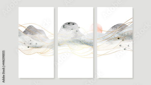 Mountain Canvas Art Print.  Triptych wall art vector. China Poster, Watercolor Landscape, Floating Mountains with golden line art design for  Home Decor, Office Art and wallpaper.
