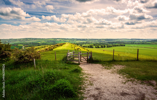Ridgeway path from Ivinghoe Beacon towards Whipsnade on cloudy day in early summer