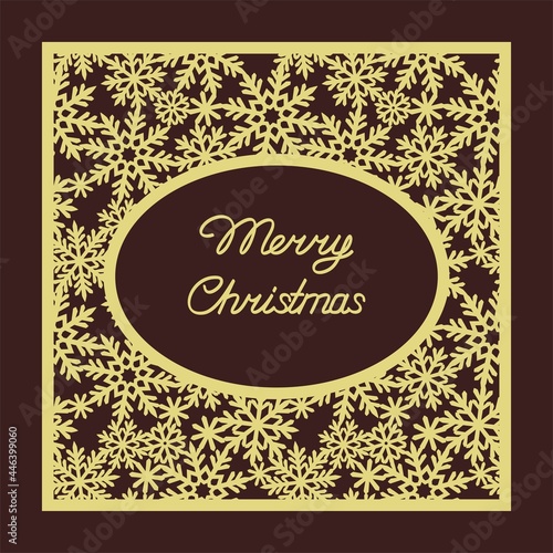 Square greeting card - Merry Christmas. Dark wine background, gold panel with snowflakes, oval in the middle with congratulatory text. Party invitation, holiday flyer or cover. Vector.