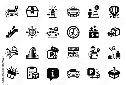Fototapeta Naklejka Na Ścianę i Meble -  Vector Set of Transportation icons related to Parcel checklist, Lighthouse and Packing boxes icons. Gift, Delivery man and 48 hours signs. Roller coaster, Search flight and Parking. Car. Vector