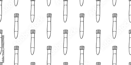 Seamless pattern with test tubes. Hand drawn outline doodle vector texture isolated on the white background. Laboratory chemical test tube. Lab diagnostics