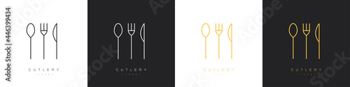 Set of cutlery logos in linear style. Spoon, fork and knife. Vector illustration