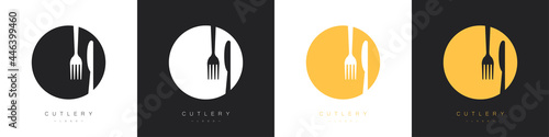 Cutlery logos set. Fork and knife on a plate. Vector illustration photo