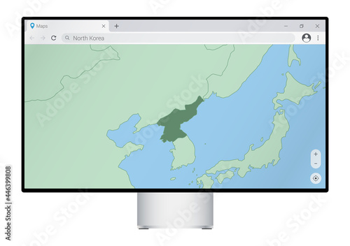 Computer monitor with map of North Korea in browser, search for the country of North Korea on the web mapping program.