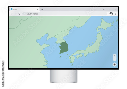Computer monitor with map of South Korea in browser, search for the country of South Korea on the web mapping program.