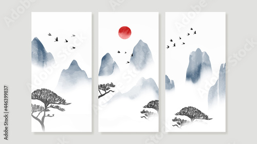 Mountain Canvas Art Print.  Triptych wall art vector. China Poster, Watercolor Landscape, Floating Mountains with golden line art design for  Home Decor, Office Art and wallpaper.