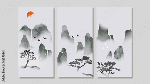 Mountain Canvas Art Print.  Triptych wall art vector. China Poster, Watercolor Landscape, Floating Mountains with golden line art design for  Home Decor, Office Art and wallpaper.