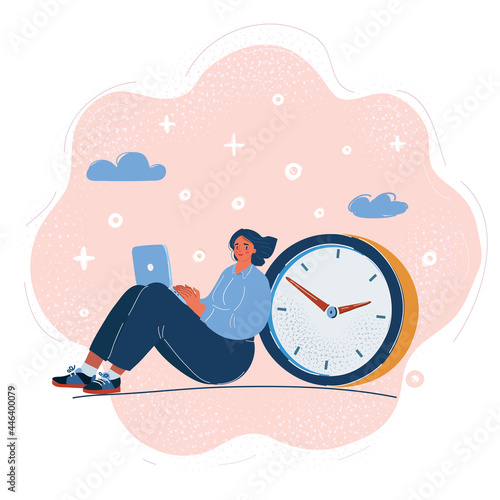 Vector illustration of Business woman working with big clock