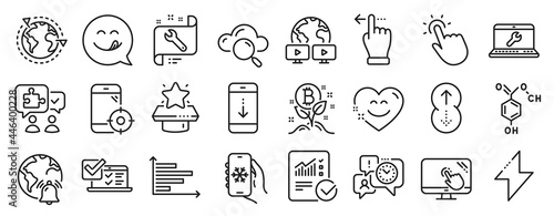 Set of Technology icons  such as Seo phone  Energy  Online survey icons. Video conference  Smile chat  Winner podium signs. Swipe up  Touch screen  Puzzle. Scroll down  Time management. Vector