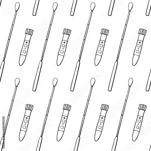 Seamless pattern with Test tubes, beakers and swabs isolated on white background. Covid-19 test. Blood samples. Flu analysis for laboratory. Vector outline doodle Medical backgrounds and textures