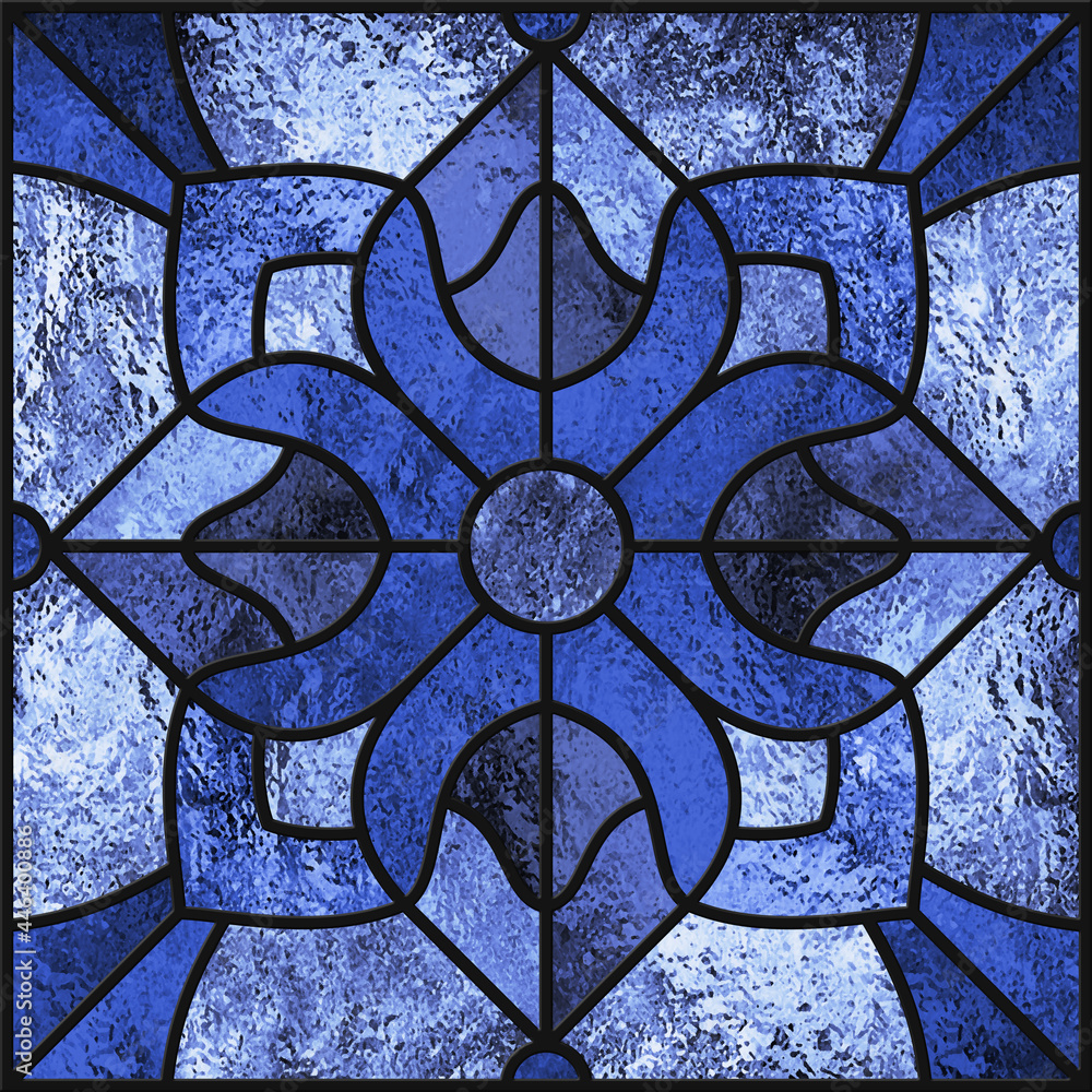 Sketch of a blue stained glass window. Flower. Abstract stainedglass background. Blue colors
