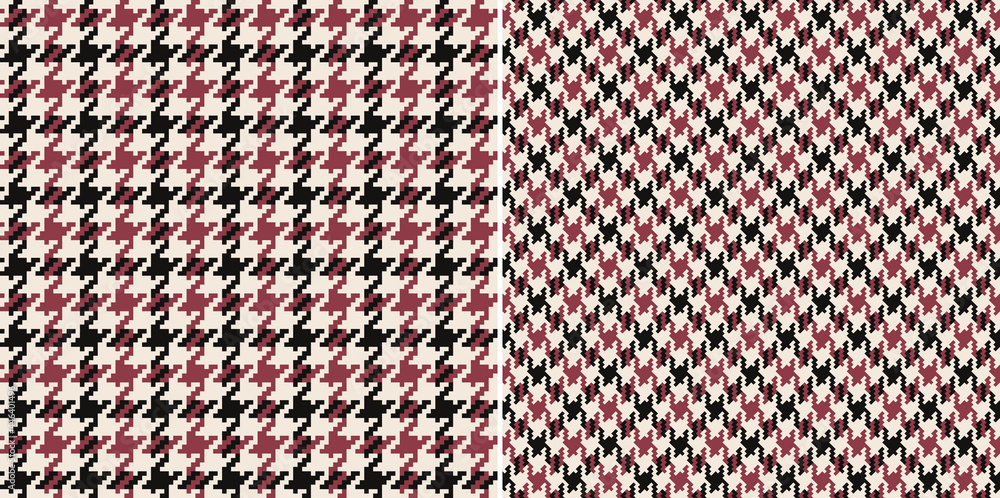 Houndstooth pattern vector in black, red, off white. Seamless abstract geometric dog tooth tartan plaid background for spring autumn winter coat, jacket, dress, scarf, other fabric design.