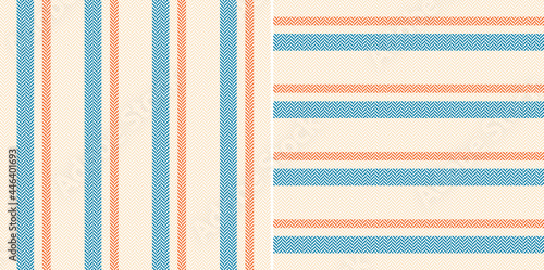 Seamless stripe pattern. Herringbone textured stripes in bright blue, orange, beige for spring summer autumn dress, shirt, jacket, skirt, trousers, pyjamas, other modern fashion textile print.