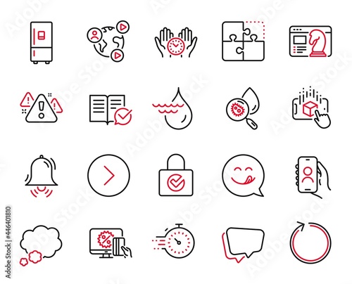Vector Set of Technology icons related to Loop, Online shopping and Speech bubble icons. Clock bell, Hydroelectricity and Yummy smile signs. Augmented reality, Forward and User call. Timer. Vector