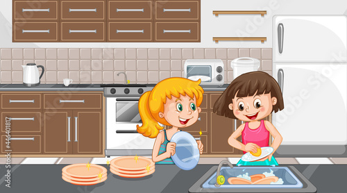 Two girls washing dishes in the kitchen scene