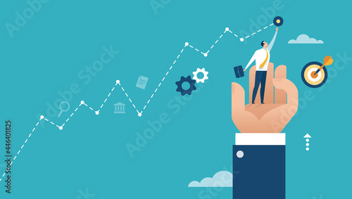 The manager‘s hand lifts the co-worker and helps him to achieve the goal. Business illustration.
