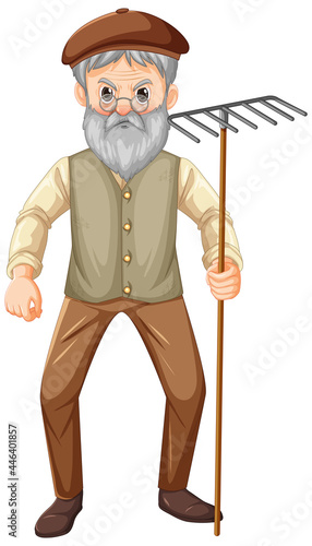 Old farmer man cartoon character holding rake garden tool