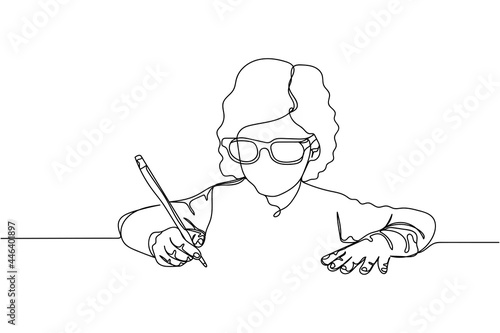 Continuous one line of back to school smart kid in silhouette on a white background. Linear stylized.Minimalist.
