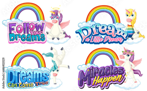 Set of different unicorn font typography with rainbows isolated