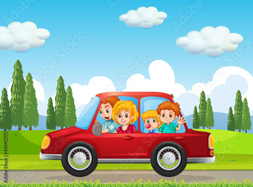 Happy family travelling in nature scene by red car