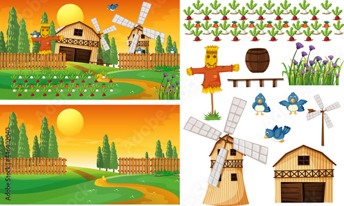 Farm element set isolated with farm scence