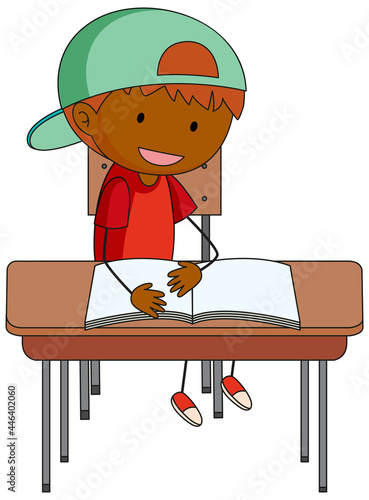 A boy doing homework doodle cartoon character