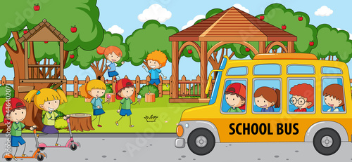 Outdoor scene with many kids and school bus