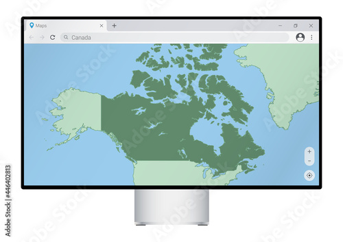 Computer monitor with map of Canada in browser, search for the country of Canada on the web mapping program.