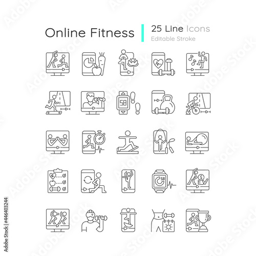 Online fitness apps linear icons set. Health and wellness body state. Virtual training. Customizable thin line contour symbols. Isolated vector outline illustrations. Editable stroke
