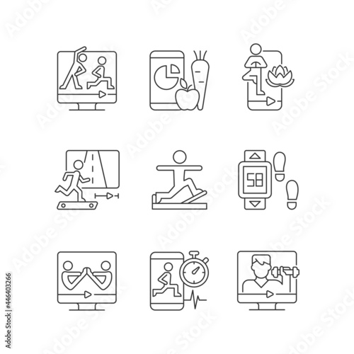 Online fitness classes linear icons set. Virtual coaching. Nutrition tracker. Pilates workout. Customizable thin line contour symbols. Isolated vector outline illustrations. Editable stroke