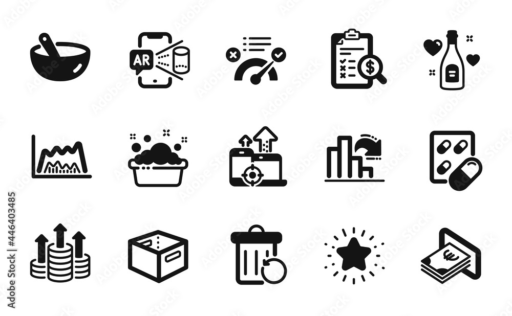 Vector set of Office box, Cooking mix and Love champagne icons simple set. Trade chart, Augmented reality and Correct answer icons. Twinkle star, Budget and Decreasing graph signs. Vector Vector set of Office box, Cooking mix and Love champagne icons simple set. Trade chart, Augmented reality and Correct answer icons. Twinkle star, Budget and Decreasing graph signs. Vector