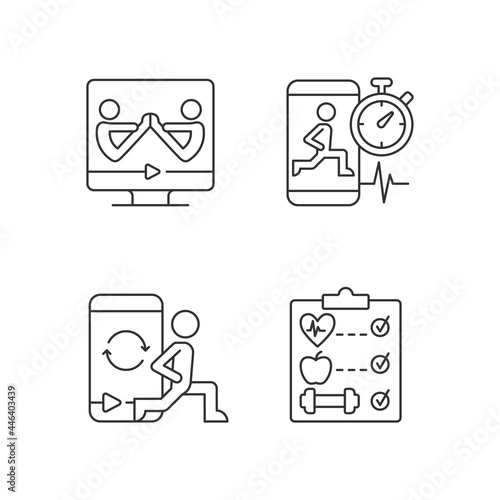 Online fitness wellness programs linear icons set. High intensity, intervals workout. Customizable thin line contour symbols. Isolated vector outline illustrations. Editable stroke