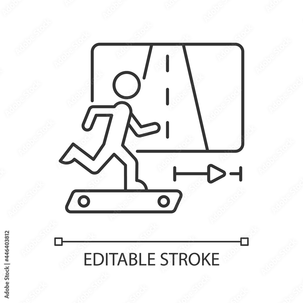 Online fitness jogging linear icon. VR running travelling. Treadmill activities. Thin line customizable illustration. Contour symbol. Vector isolated outline drawing. Editable stroke Online fitness jogging linear icon. VR running travelling. Treadmill activities. Thin line customizable illustration. Contour symbol. Vector isolated outline drawing. Editable stroke