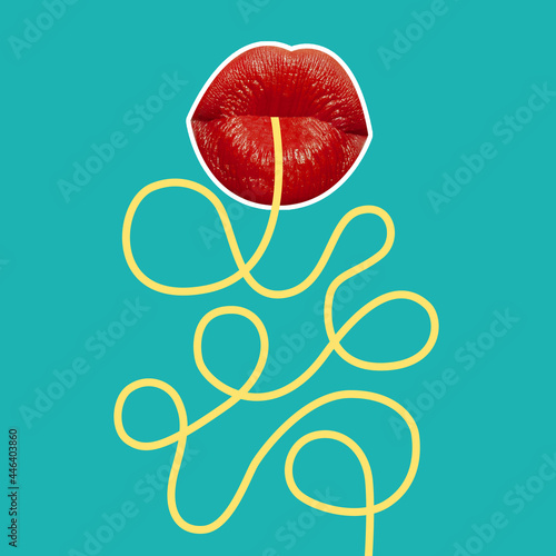 Modern design, contemporary art collage. Inspiration, idea, trendy urban magazine style. Composition with female lips tasting noodles on blue neon background photo