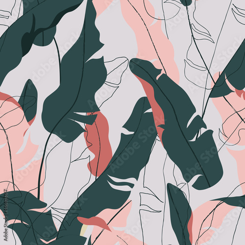 Foliage seamless pattern, hand drawn banana leaves on bright purple