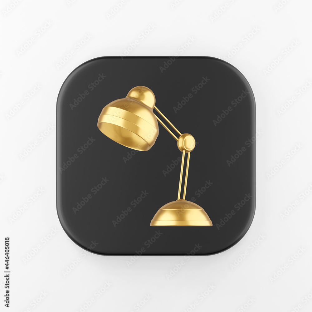 Gold table lamp icon. 3d rendering black square key button, interface ui ux element.