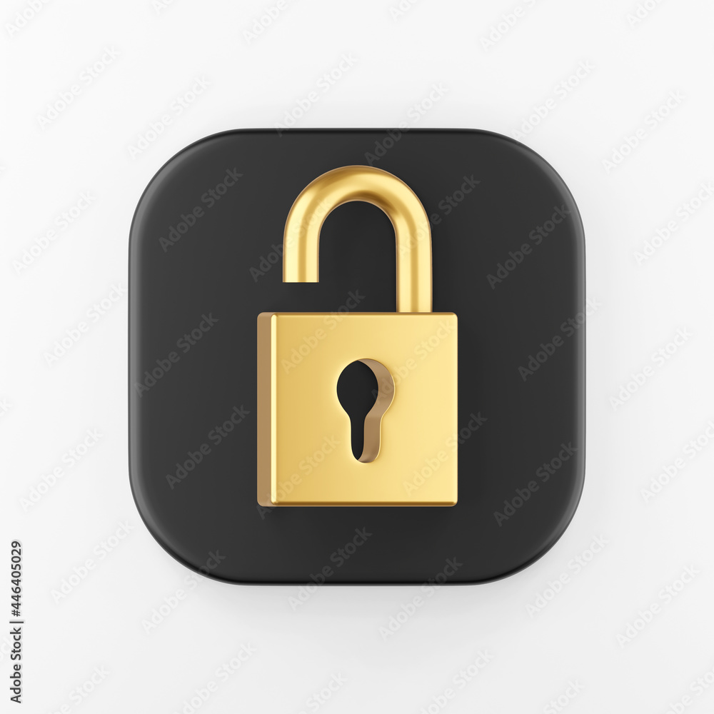 Golden open padlock icon. 3d rendering black square key button, interface ui ux element. Golden open padlock icon. 3d rendering black square key button, interface ui ux element.