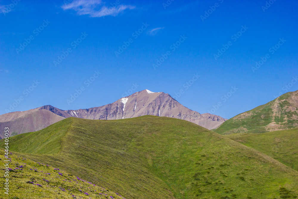 Beautiful Summer landscape: blue cloudy sky, green hills and distant mountains