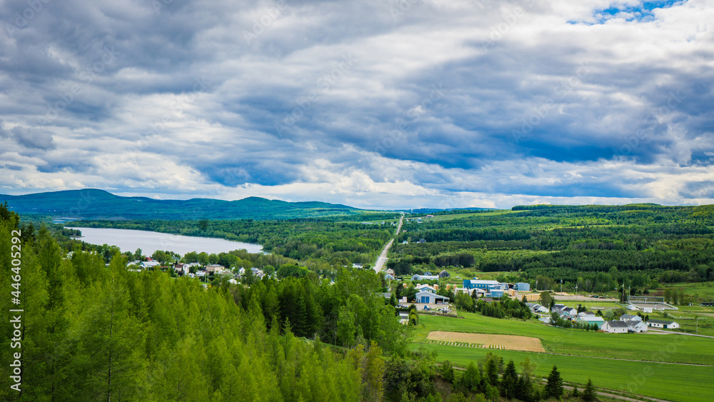 Naklejka premium View on the countryside and the Notre Dame mountains (Monts Notre Dame) from the Monts Notre Dame scenic road in Bas Saint Laurent region of Quebec province (Canada)