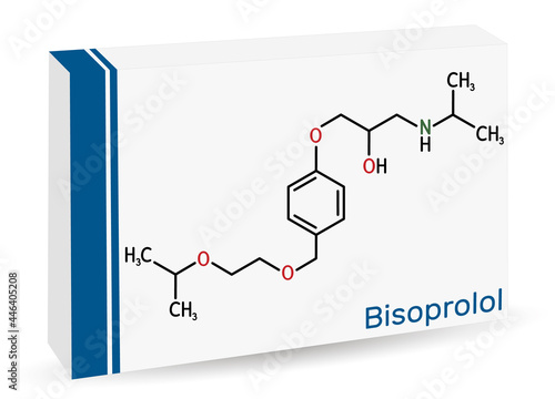 Bisoprolol molecule. It is cardioselective beta-blocker, used to treat high blood pressure, hypertension. Skeletal chemical formula. Paper packaging for drugs