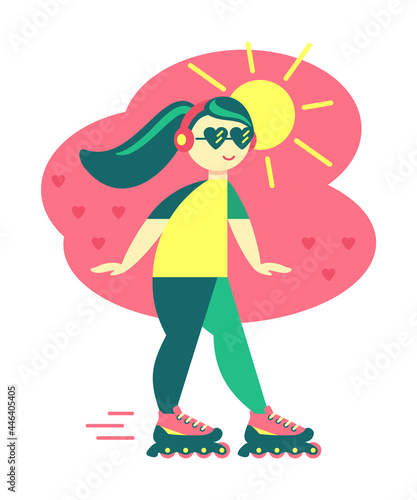 The girl is rollerblading, wearing headphones, the sun is shining