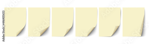 Empty paper sheets, yellow sheets of paper with different curled corners and shadow